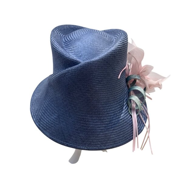 Vtg Nordstrom Blue Straw Hat W/ Pink Floral Accent & Green Ribbon Embellishment - Picture 3 of 11